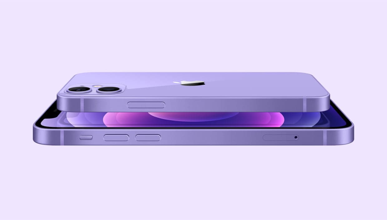 Apple iPhone 12 spring21 purple 2up horiz hero geo