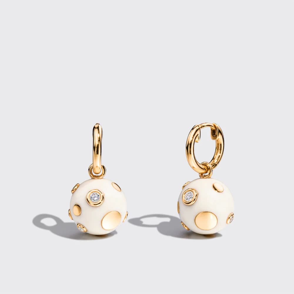 mucevherde cloud dancer Boochier White Yellow Gold DIamond Polka Dots Bangers Earrings